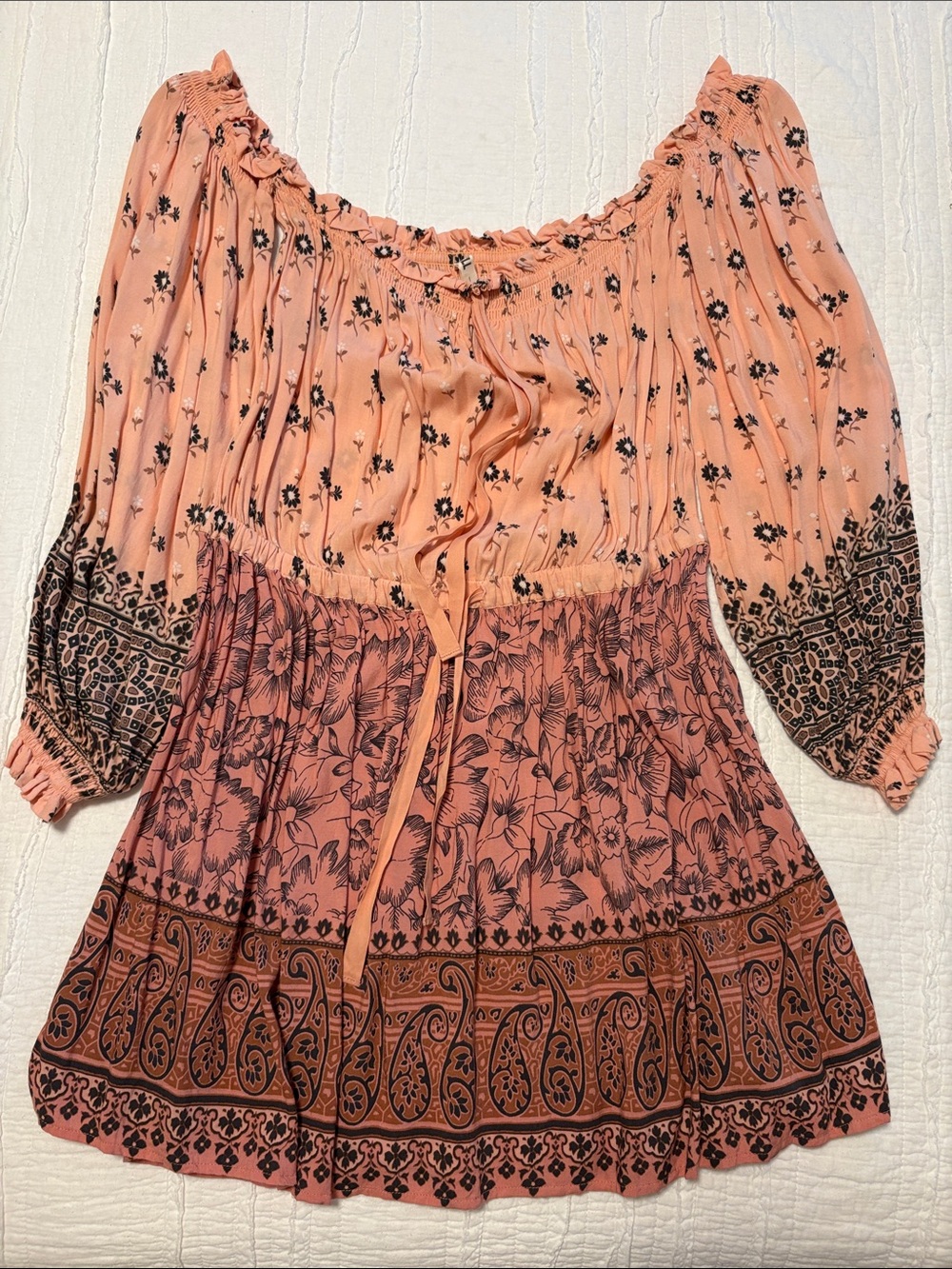 Spell Peach Floral Boho Tunic with Paisley Border